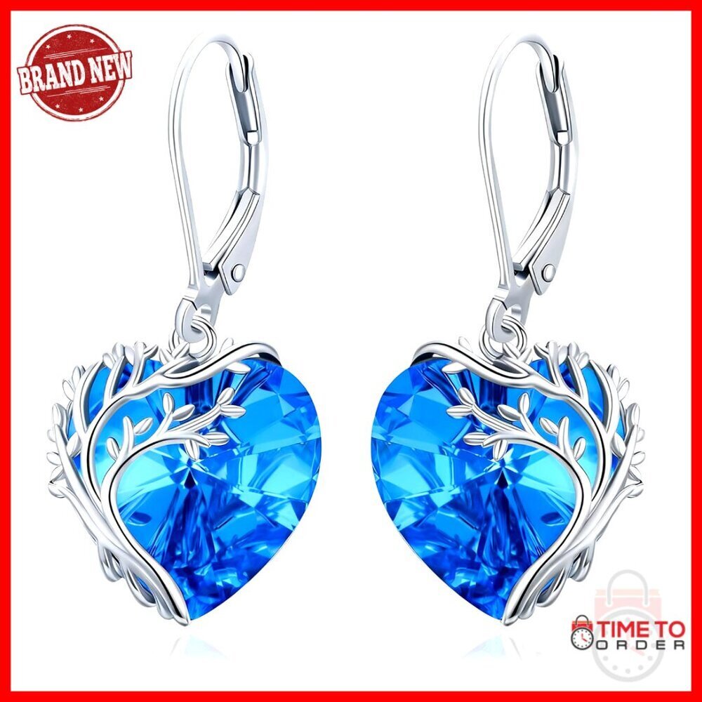 Sterling Silver Tree of Life Drop Earrings with Heart Crystal Lever Back